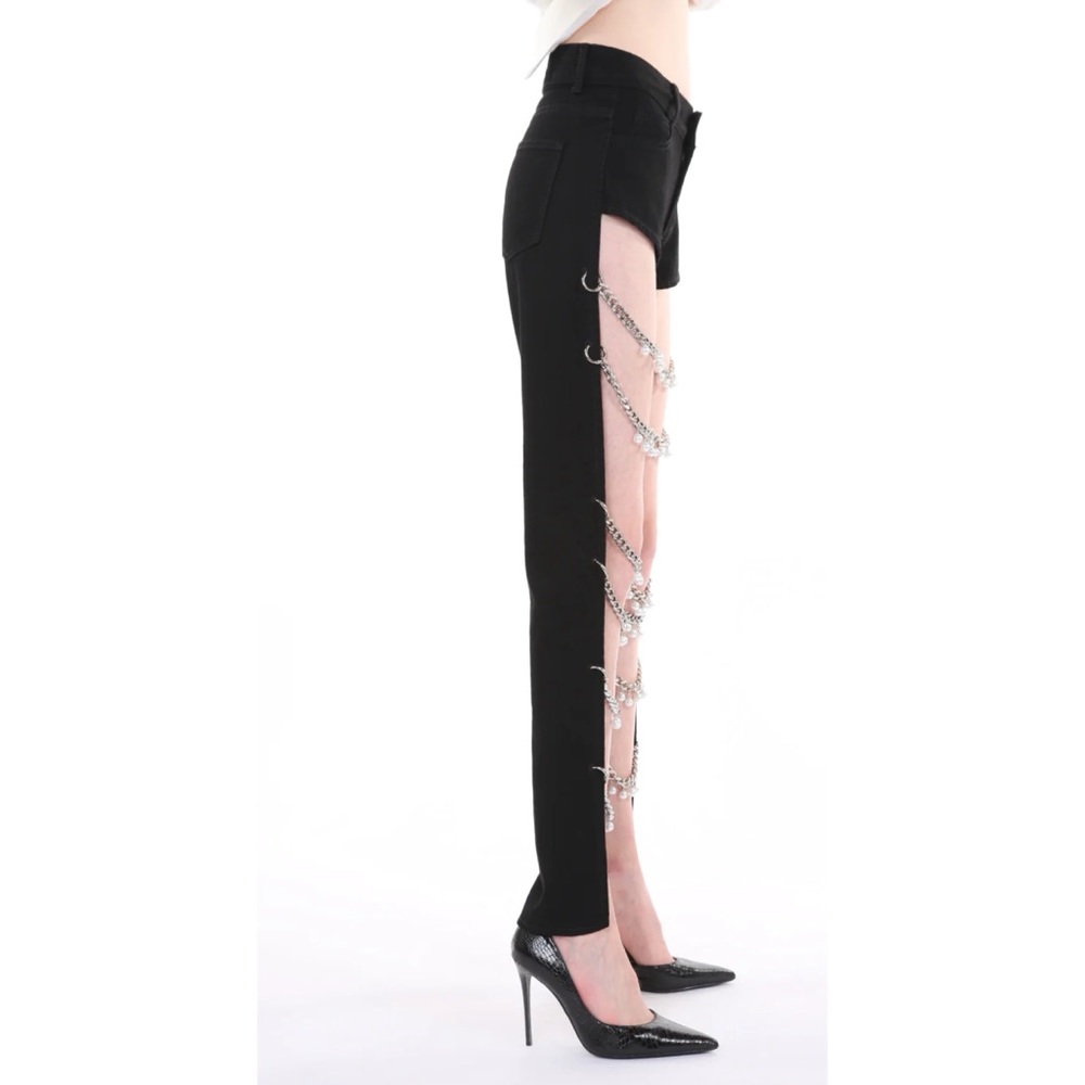 Beulah Style Chain Linked Pearl Embellished Cutout Denim Pants - Picture 4 of 16